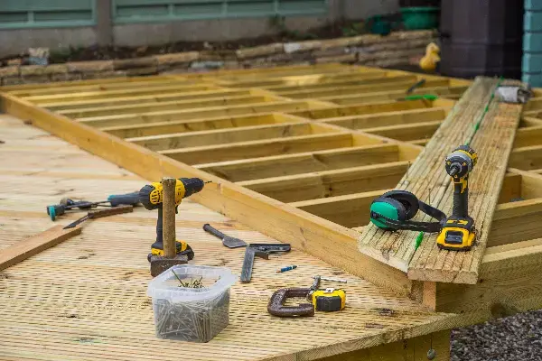 Deck construction in a Connecticut backyard